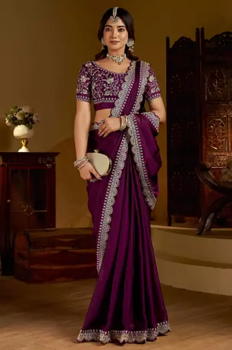 Wine rangoli silk saree with heavy embroidery work and heavy work