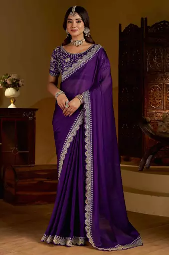 Violet rangoli silk saree with heavy embroidery work and heavy work