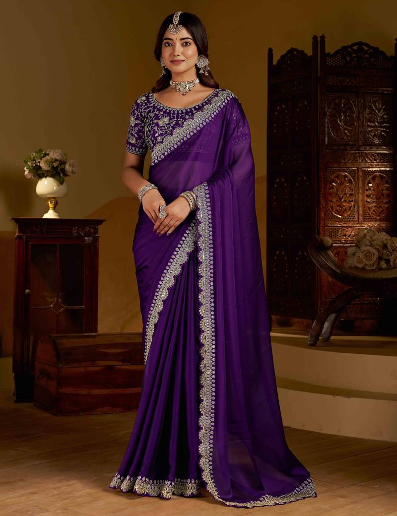 Violet rangoli silk saree with heavy embroidery work and heavy work