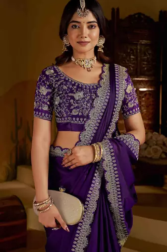 Violet rangoli silk saree with heavy embroidery work and heavy work
