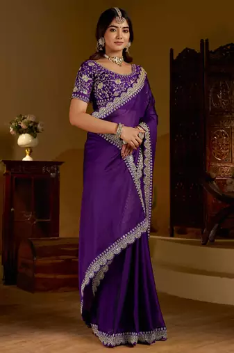 Violet rangoli silk saree with heavy embroidery work and heavy work