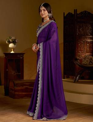 Violet rangoli silk saree with heavy embroidery work and heavy work 4