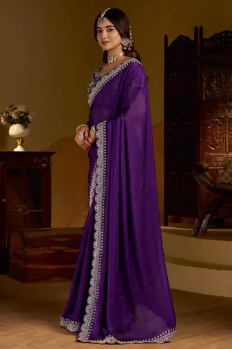 Violet rangoli silk saree with heavy embroidery work and heavy work