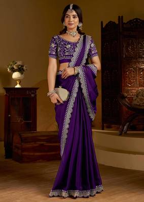 Violet rangoli silk saree with heavy embroidery work and heavy work 5