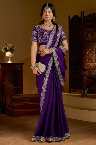 Violet rangoli silk saree with heavy embroidery work and heavy work