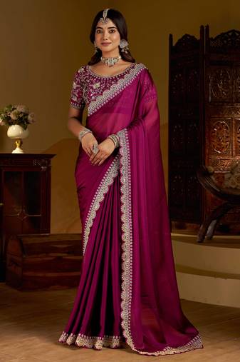 Rani pink rangoli silk saree with heavy embroidery work and heavy work