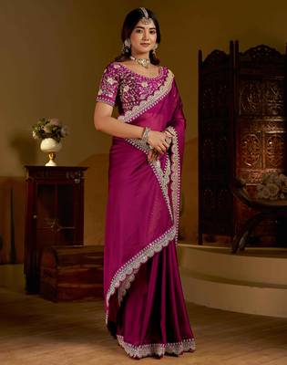 Rani pink rangoli silk saree with heavy embroidery work and heavy work 3
