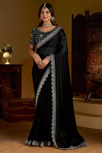 Black rangoli silk saree with heavy embroidery work and heavy work