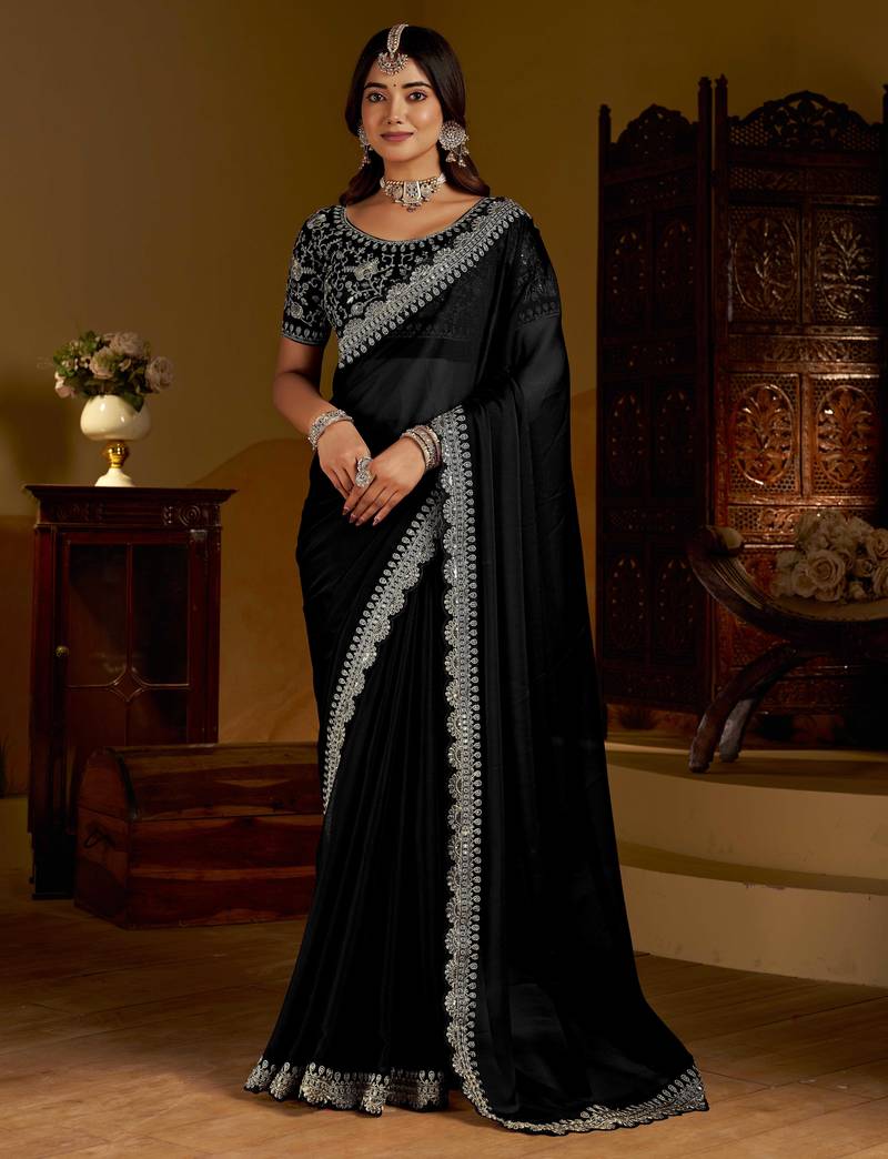 Black rangoli silk saree with heavy embroidery work and heavy work