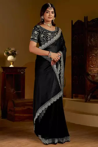 Black rangoli silk saree with heavy embroidery work and heavy work