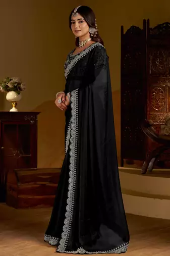 Black rangoli silk saree with heavy embroidery work and heavy work