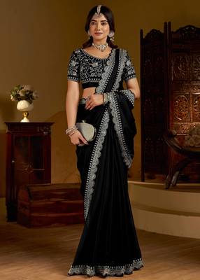Black rangoli silk saree with heavy embroidery work and heavy work 5