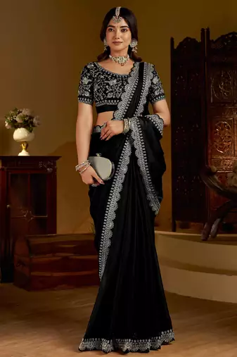Black rangoli silk saree with heavy embroidery work and heavy work