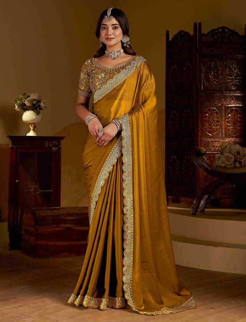 Gold rangoli silk saree with heavy embroidery work