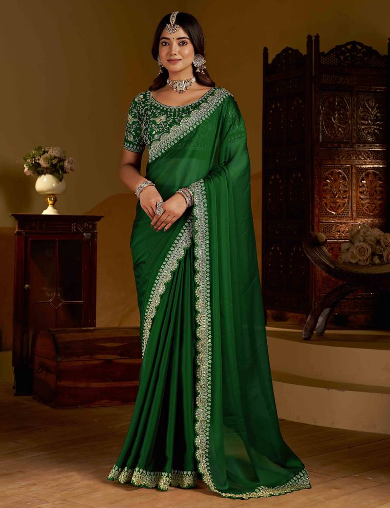 Green rangoli silk saree with heavy embroidery work