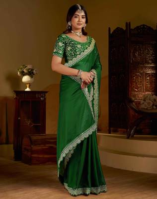 Green rangoli silk saree with heavy embroidery work 3