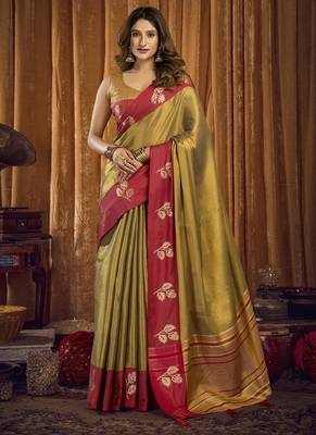 Golden soft tissue contrast border with jhallar saree 1