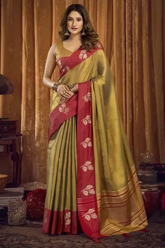 Golden soft tissue contrast border with jhallar saree