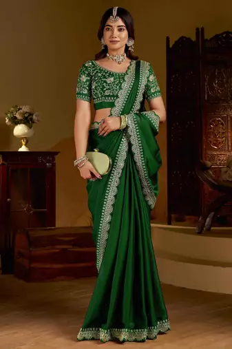 Green rangoli silk saree with heavy embroidery work