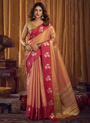 Peach soft tissue contrast border with jhallar saree 1