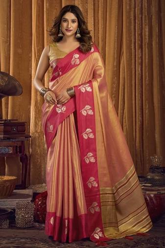 Peach soft tissue contrast border with jhallar saree