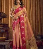 Peach soft tissue contrast border with jhallar saree