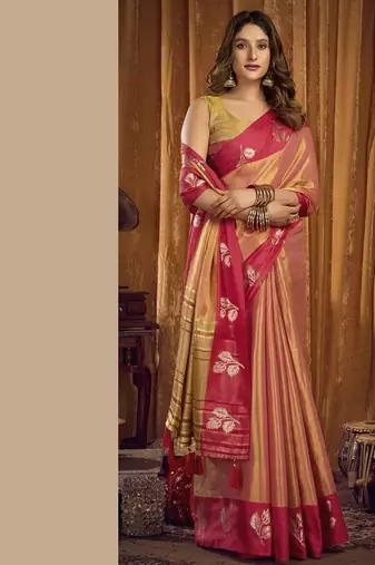 Peach soft tissue contrast border with jhallar saree