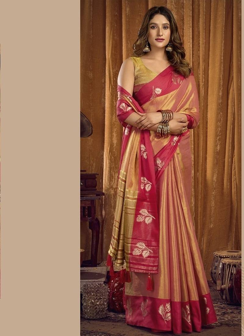 Peach soft tissue contrast border with jhallar saree