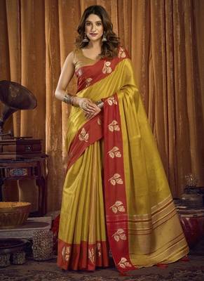 Mustard soft tissue contrast border with jhallar saree 1