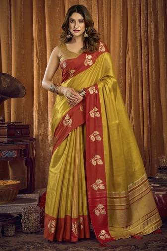 Mustard soft tissue contrast border with jhallar saree