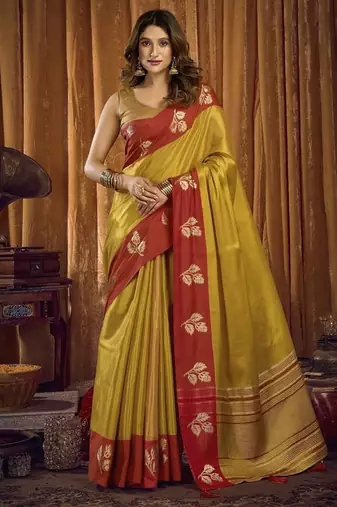 Mustard soft tissue contrast border with jhallar saree