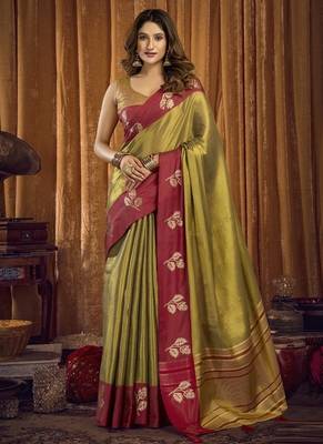 Olive soft tissue contrast border with jhallar saree 1