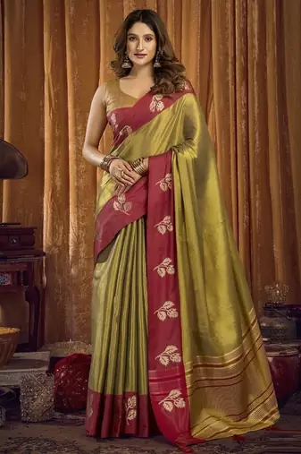 Olive soft tissue contrast border with jhallar saree