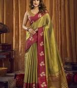 Olive soft tissue contrast border with jhallar saree
