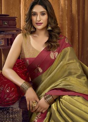 Olive soft tissue contrast border with jhallar saree 2