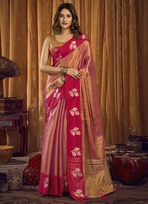 Peach soft tissue contrast border with jhallar saree 1