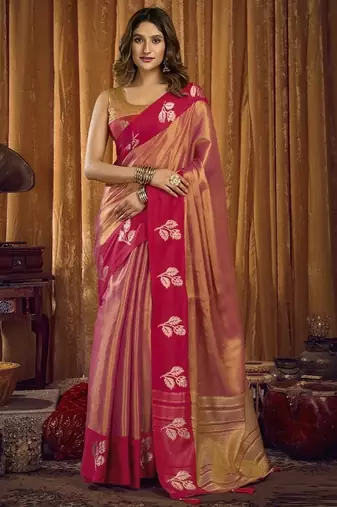 Peach soft tissue contrast border with jhallar saree