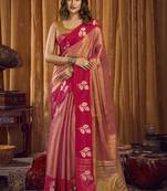 Peach soft tissue contrast border with jhallar saree