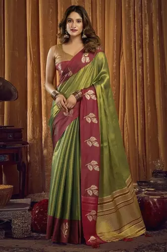 Green soft tissue contrast border with jhallar saree