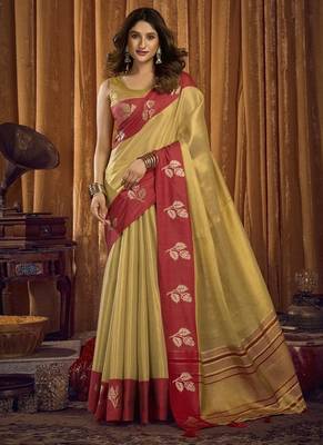 Cream soft tissue contrast border with jhallar saree 1