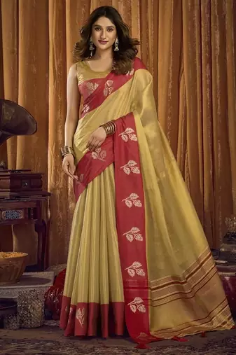 Cream soft tissue contrast border with jhallar saree