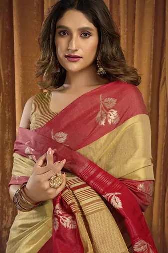 Cream soft tissue contrast border with jhallar saree