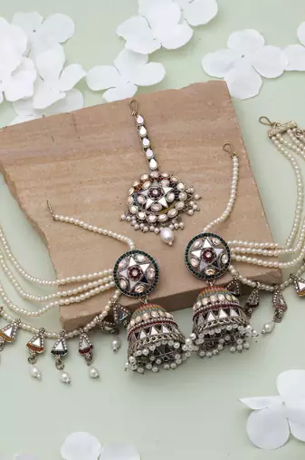 Multi color kundan earrings tikka set