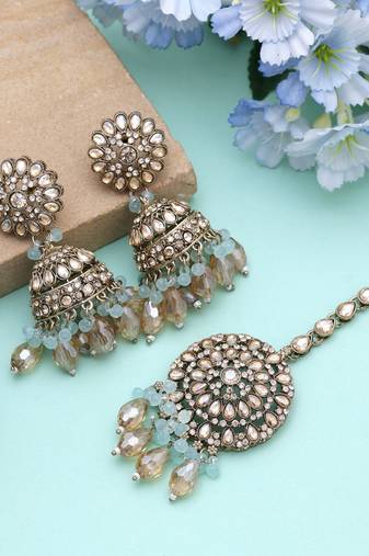 Sky blue color kundan earrings tikka set