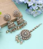Sky blue color kundan earrings tikka set
