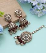 Maroon color kundan earrings tikka set