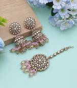 Pink color kundan earrings tikka set