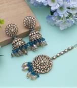 Rama green color kundan earrings tikka set