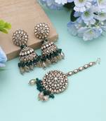 Green color kundan earrings tikka set