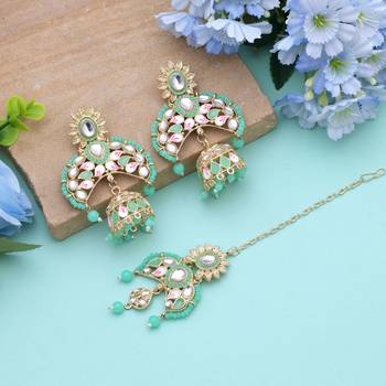 Parrot green color meena work kundan earrings tikka set 1
